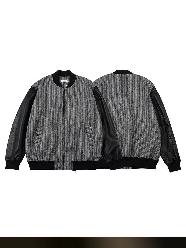 

American Retro Striped Color Blo Baseball Collar Jaet Loose Long Sve Autumn New Sle Versatile Outerwear for Teens