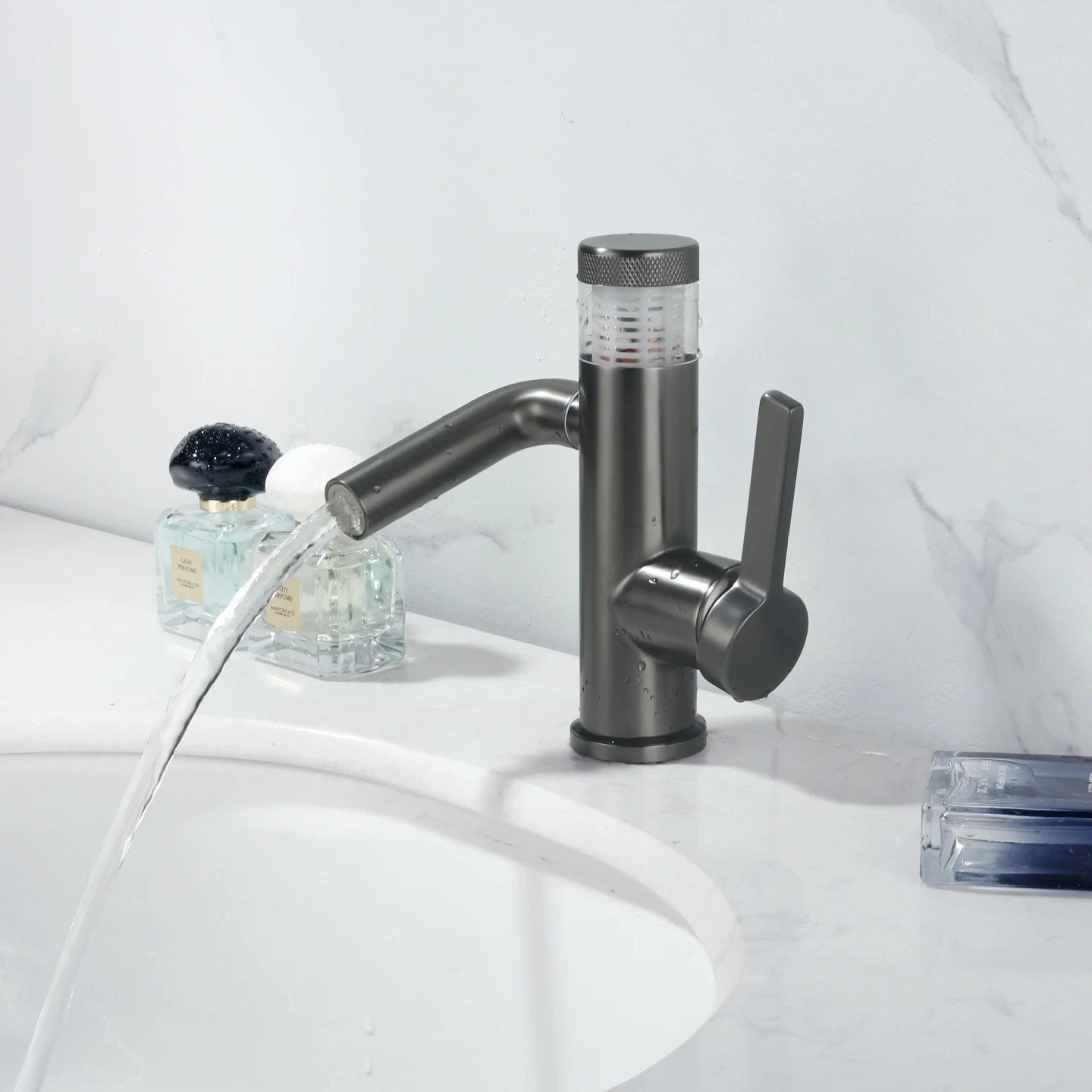 

Deck Mounted Single Handle Bathroom Vanity Sink Faucets 2 Modes Lavatory Sink Faucet One Hole Hot and Cold Mixer Taps Gray