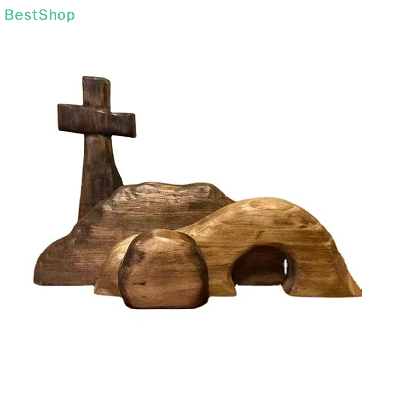 4pcs/set Wooden Easter Tomb Scene Jesus Nativity Scene Wooden Cross Empty Tomb Statue Set Easy Assemble Easter Decor