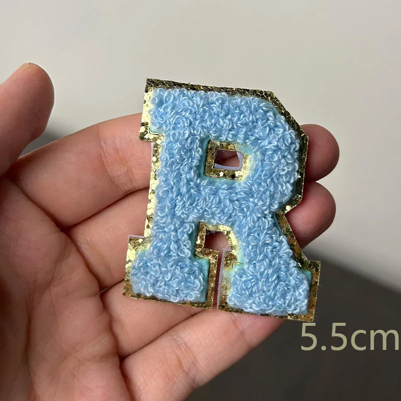 1Pc 5.5cm Light blue letter Thickening Chenille Patches Stick on Appliques For DIY Summer Style t-shit Clothings