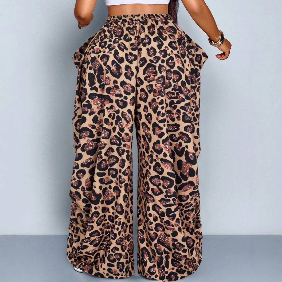 2026 New Loose Punk Style Leopard. Print Drawstring Pleated High-waisted Wide-leg Pants. Summer Maxi Dress Vestidos Lace Party