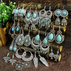 53 Styles Bohemian Vintage Tibetan Silver Geometric Drop Earrings For Women Ethnic Blue Stone Tassel Dangle Earrings Jewelry