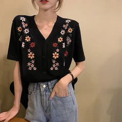 Summer Woman Clothes Thin Short Sleeve Shirt Flower Embroidered Blouse V-neck Elegant Fashionable Casual Fashion Loose All-match