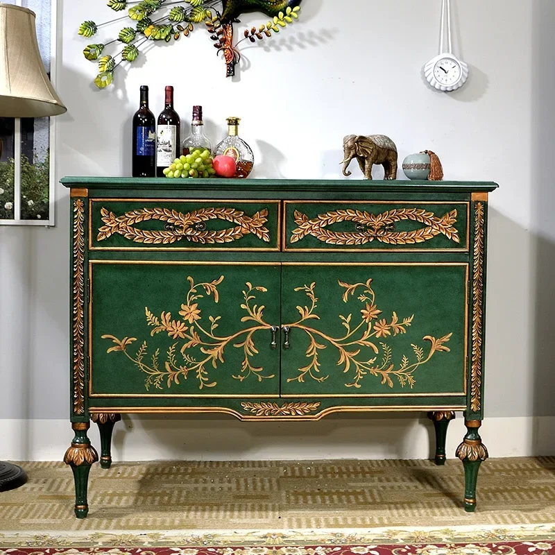 light luxury peacock green hall sofa  solid wood side storage cabinet