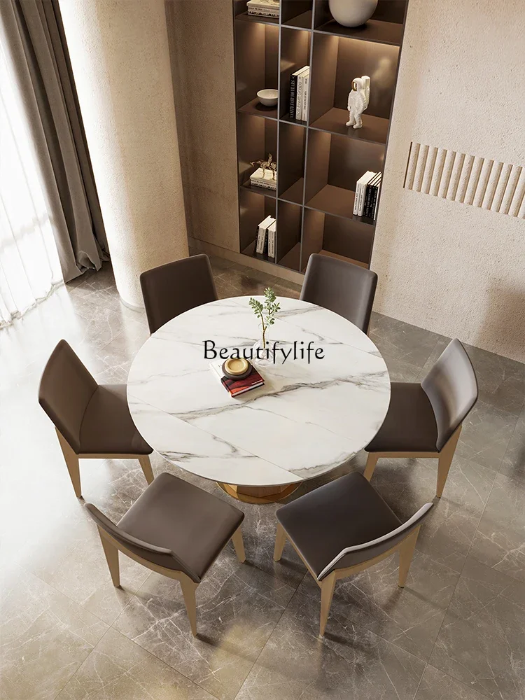 

Rock slab dining table telescopic square becomes round dual-purpose deformation solid wood rock slab wabi sandy wind function