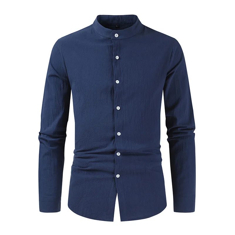 New Autumn Long Sleeve Shirt Men Stand Collar Cotton Casual Male Blouse Vintage Solid Color Single Breasted Shirts Man