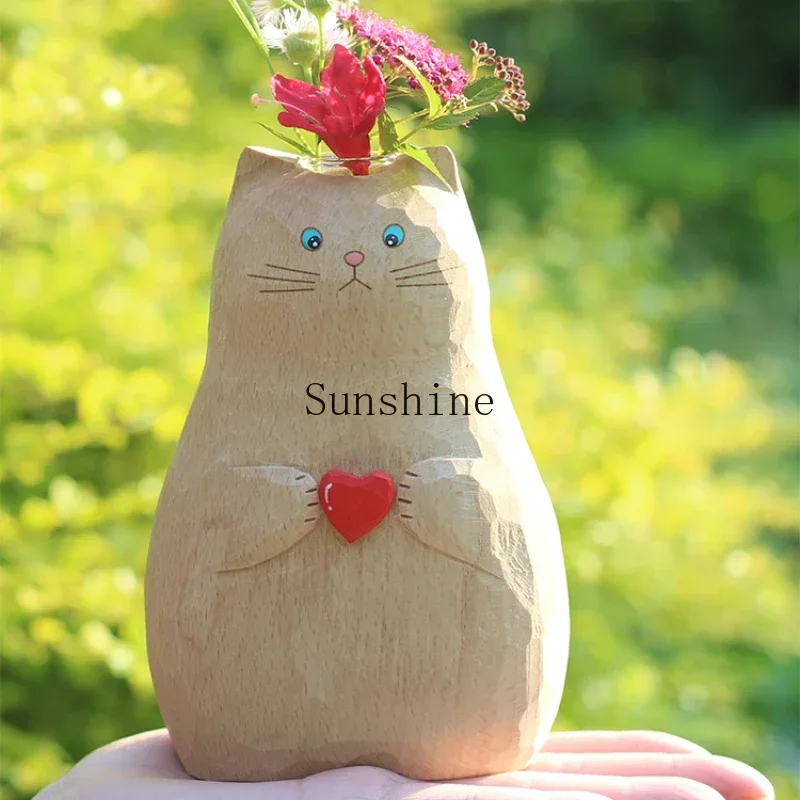 Cat vase wood carving log wind small ornament Japanese handmade creative lucky cat