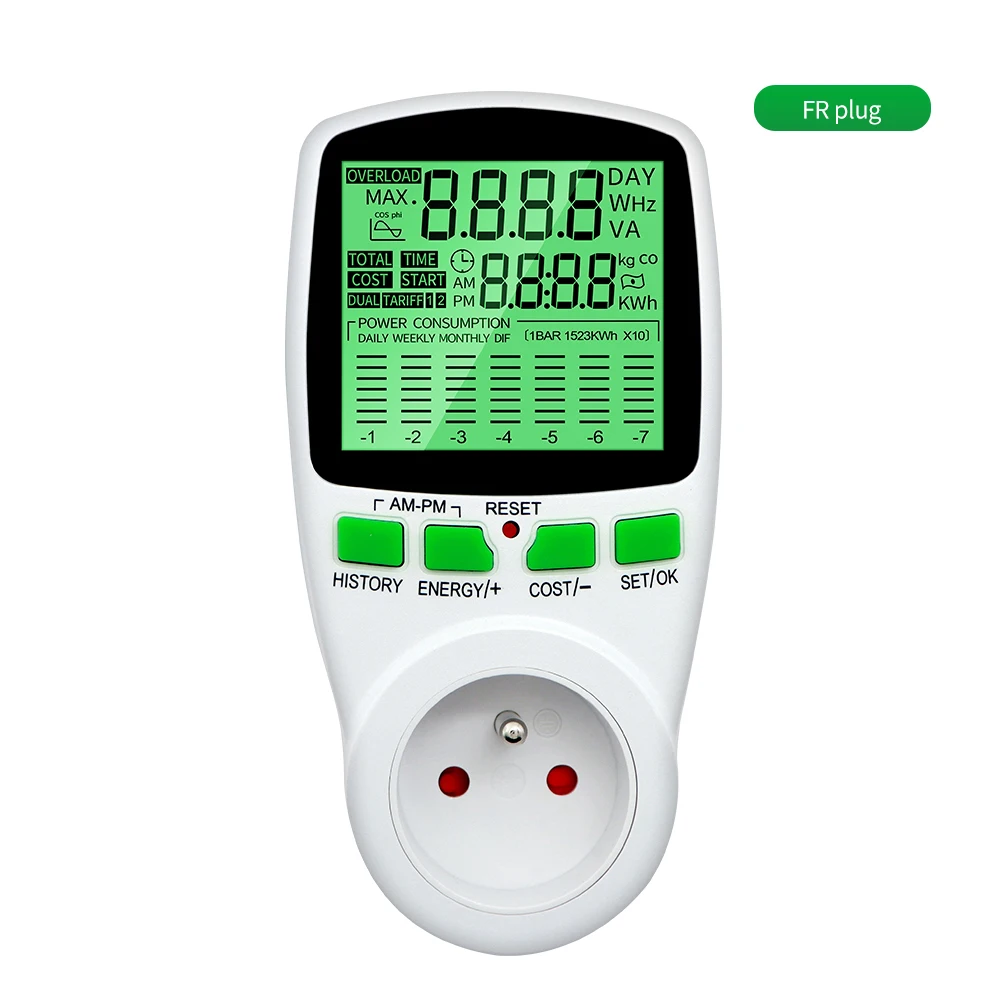 Digitaler Spannungs-Wattmeter, US/UK/EU-Steckdose, Energiezähler, Leistungsmesser für Wattzahl, kWh-Leistungsmesser mit Hintergrundbeleuchtung – Detail 14