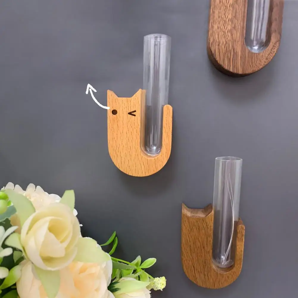 Decorative Vase Magnet Cat Whisker Vase Fridge Magnet Wooden Refrigerator Magnet with Glass Tube Magnetic Pet Whisker Collector