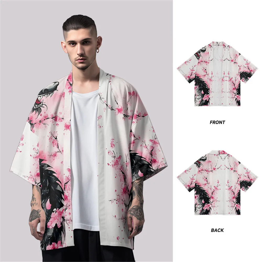 

Japanese Samurai Kimono Dragon Floral Printed Men and Women Harajuku Cloak Traditional Clothing Beach Dress