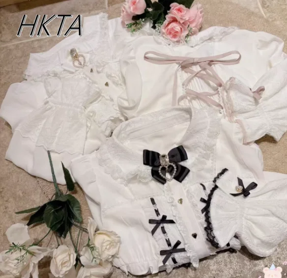 

Japanese Style Liz Shirt Women Girls Lolita Blouse 2025 Summer New Love Pendant Bow Lace Mine Long Sleeve Shirts White Top Mujer