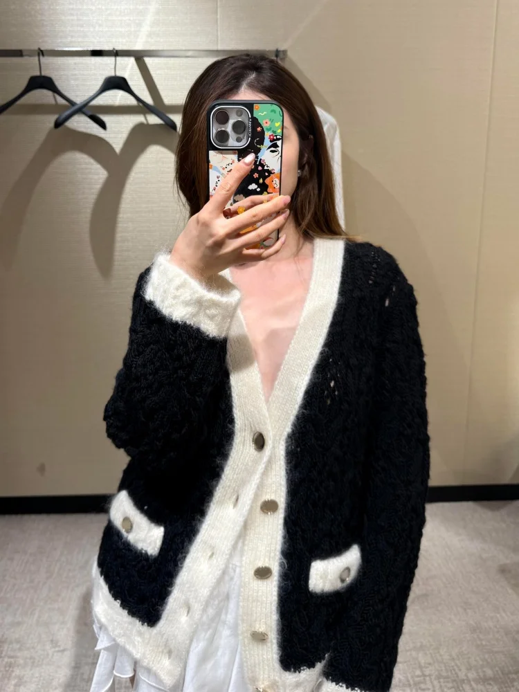 

Маленький вязаный свитер Fraance, модный женский новый дизайн, открытый кардиган, теплый зимний длинный винт с v-образным вырезом, свободный крой