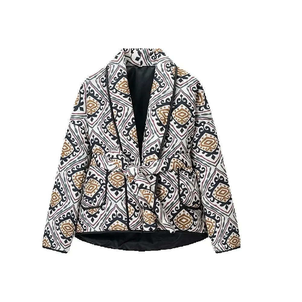 

women's loose fitting collar top with long sleeved pockets and waist belt printed autumn and winter new fashionable warm c