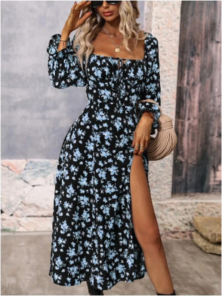 

Красивое женское сексуальное платье с квадратным вырезом и длинными рукавами с цветочным принтом, осенние платья для свиданий, отдыха, High Street