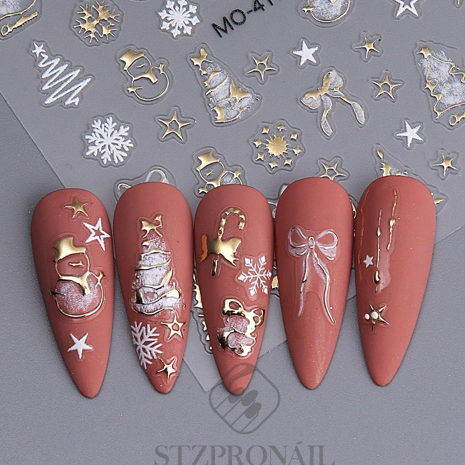 Christmas Nail Stickers 5D Gold White Elk Snowflake Snowman Bow Star Tree DIY Winter Xmas Decal Slider Manicure  Art Decoration