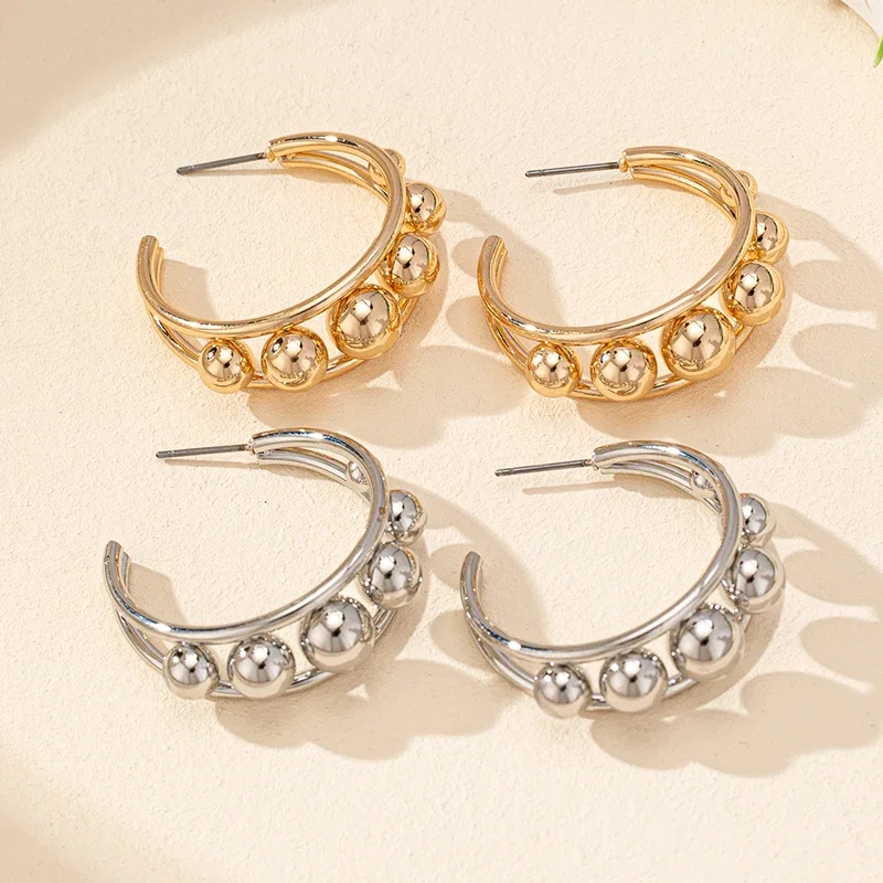 New Design Gold-plated Metal Beads C-shaped Earrings for Women Party Smooth Popular Female Hoop Earrings jewelry