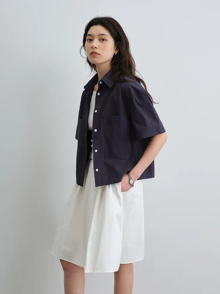 

Gansen Casual Style Women's Shirt Collar Short Sleeve Cotton Blend Slimming Loose Fit with Large Pockets Summer Wear