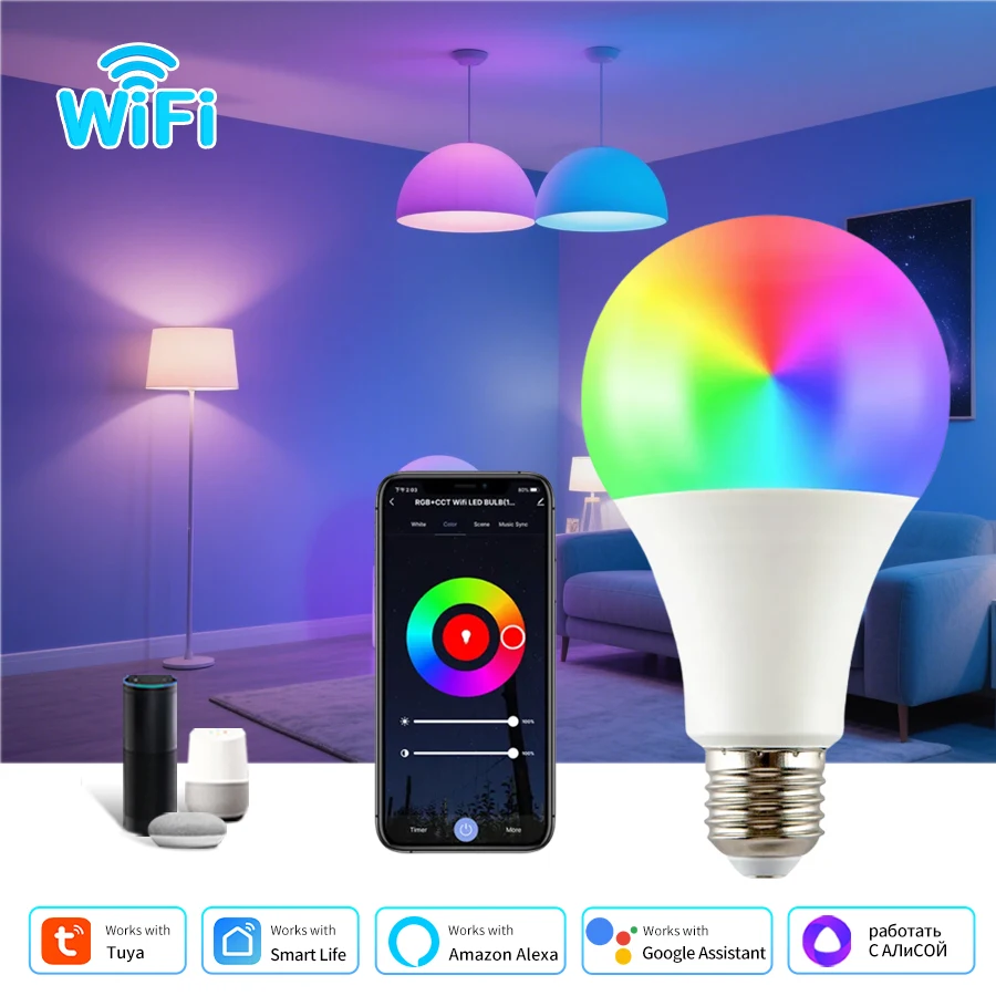 

Tuya WiFi Smart Bulb Alexa Led Lamp E27 RGB CW Smart Light Bulbs 110V 220V Smart Life App Дистанционное Управление с Alexa Google Home