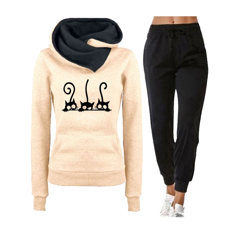 2023 New Arrival Women\'s Cute Cat Hooded Outfits Hoodies and Jogger Pants High Quality Ladies Daily Casual Sports Jogging Suit