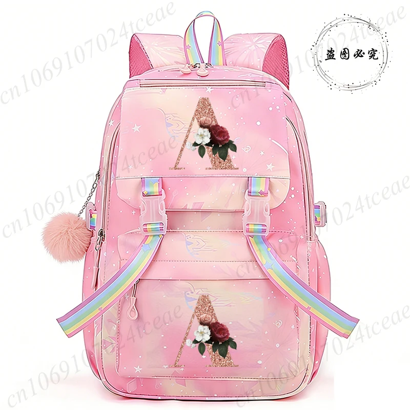 

Travel Backpacks Schoolbag Teenage Rose Gold Letter A~Z Floral Watercolor Cute Schoolbag Backpack Large College Mochila Bookbag