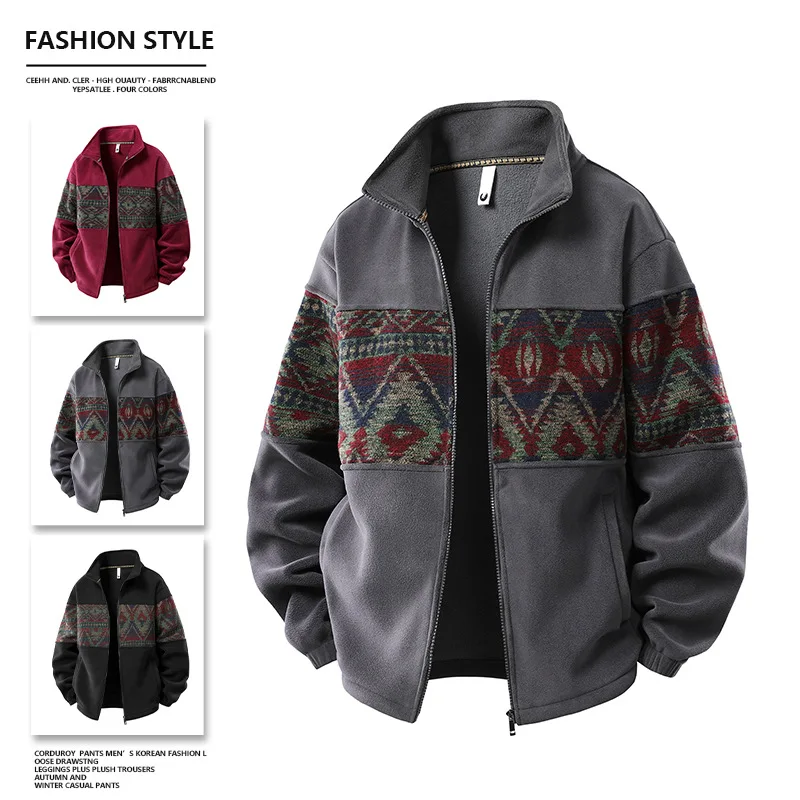 Autumn Winter Men Printed Plush Lined Thick Warm Jacket Loose Casual Sports Outerwear Trendy Coat for Daily Street Wear M 4XL