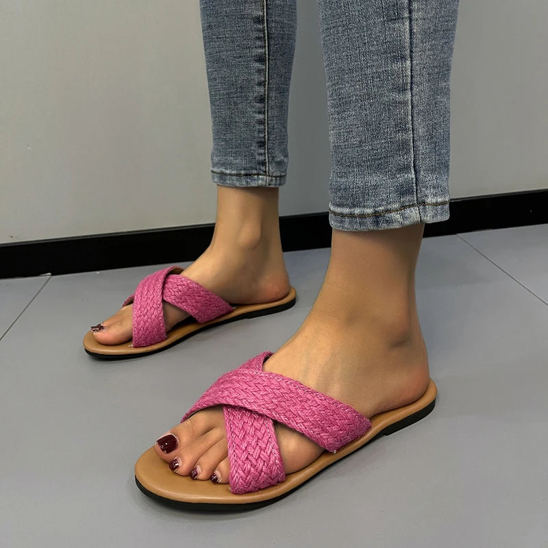 Zapatos básicos de alta calidad para mujer, zapatillas de tendencia de verano para exteriores, Punta abierta, zapatillas de fondo plano sólido, 2023