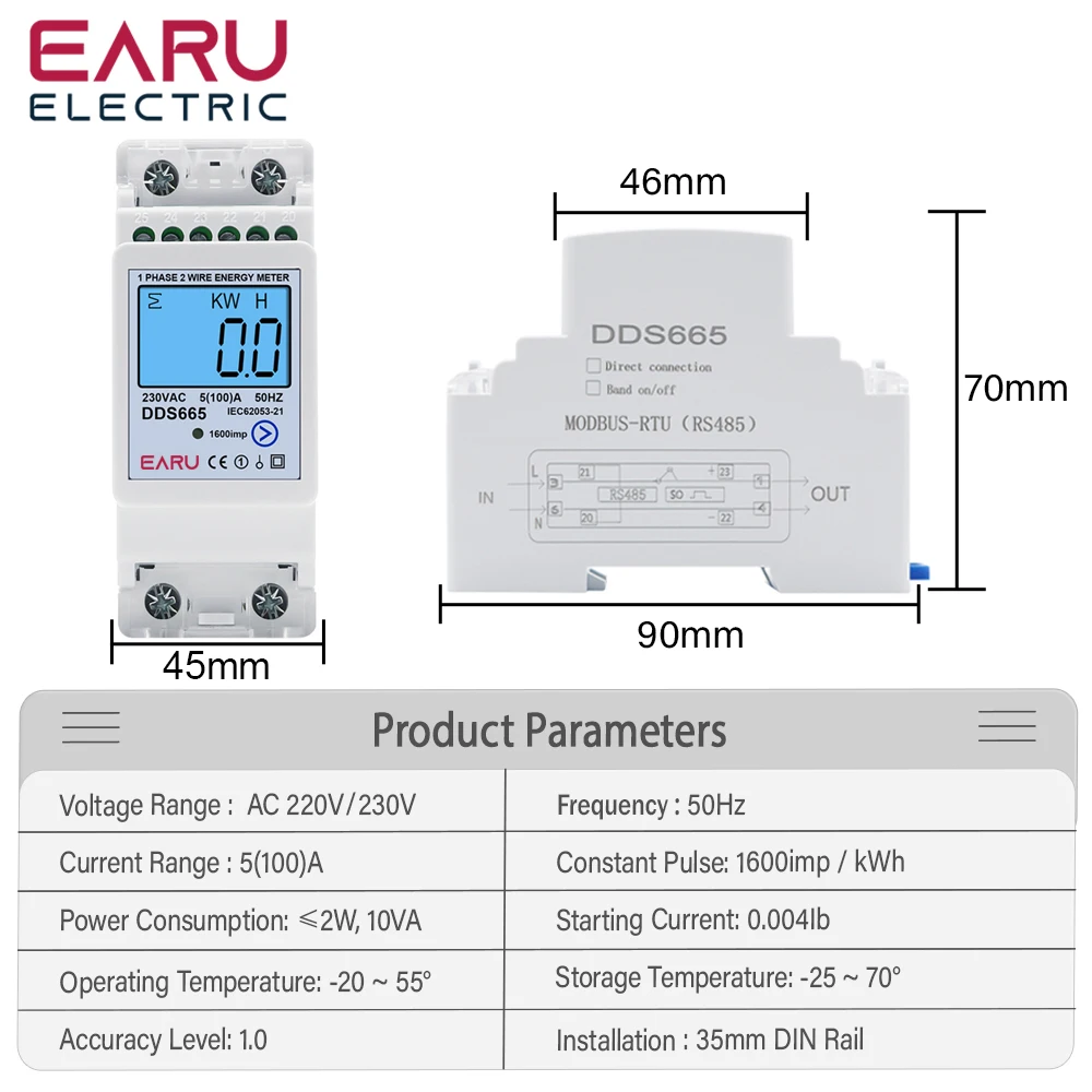 Multifunction 230V 100A Bi-Directional Energy Meter Reset Zero Kwh Solar PV Power Voltage Current Frequency RS485 Communication