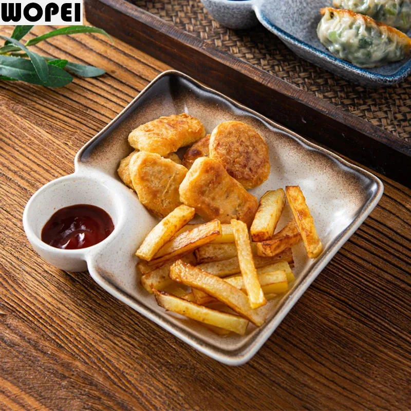 Japanese Ceramic Tableware Creative Dumpling Plate with Vinegar Dish French Fries Plate Snack Plate Molecular Cuisine Tableware