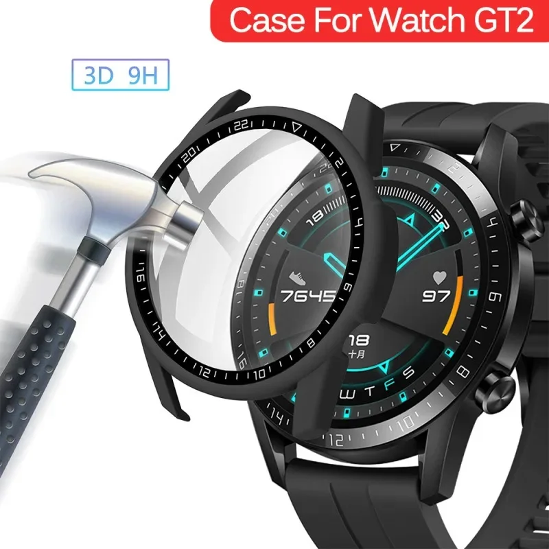 Huawei Watch gt2用強化ガラススクリーンプロテクター,カバーカバー,フルバンパー,Huawei Watch gt 2 46mm用プロテクター