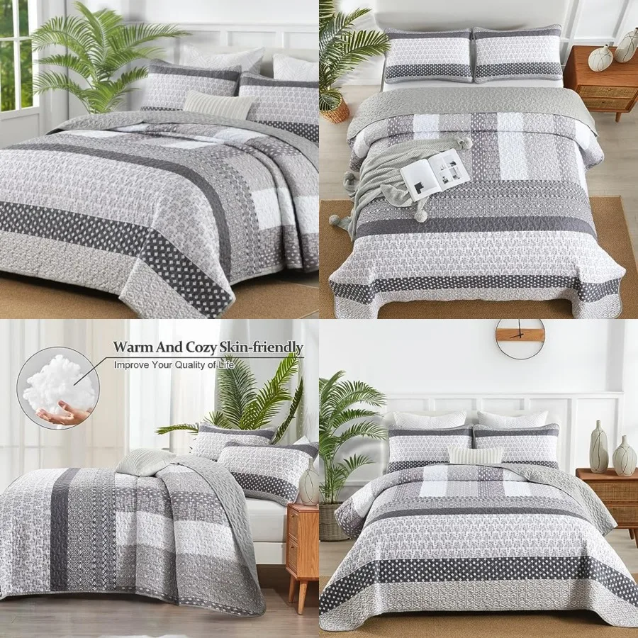 

Quilt Size, Bohemian Stripe Quilt Sets 3 Pieces Gray Boho Quilted Bedspread Set Lightweight Microfiber Coverlet Bedding Set All