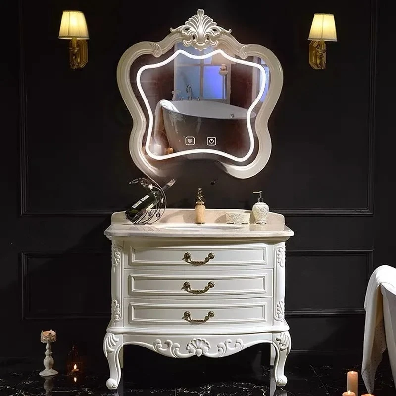 TTEuropean-Style Bathroom Cabinet Arc Small Apartment Bathroom Hand Washing Washbasin Cabinet Combination Solid Wood