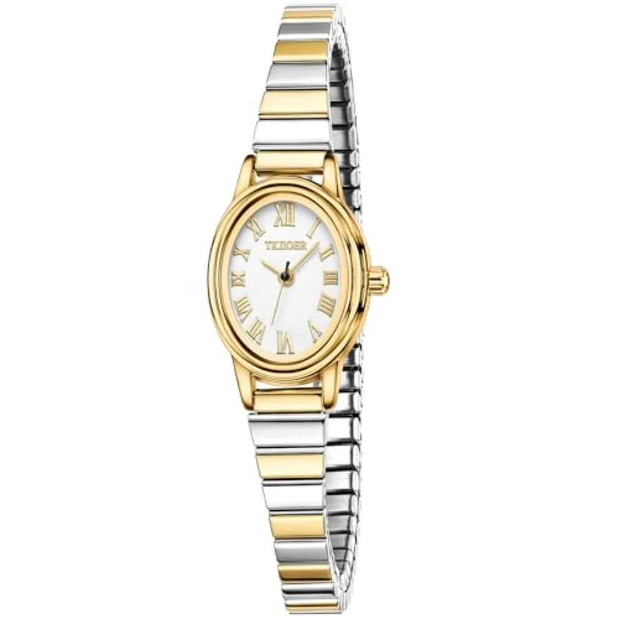 

Small Gold Watches for Women, Easy to Read Dial Ladies Analog Watch, Oval Case, Stainless Steel Expansion Band, Waterproof Watc