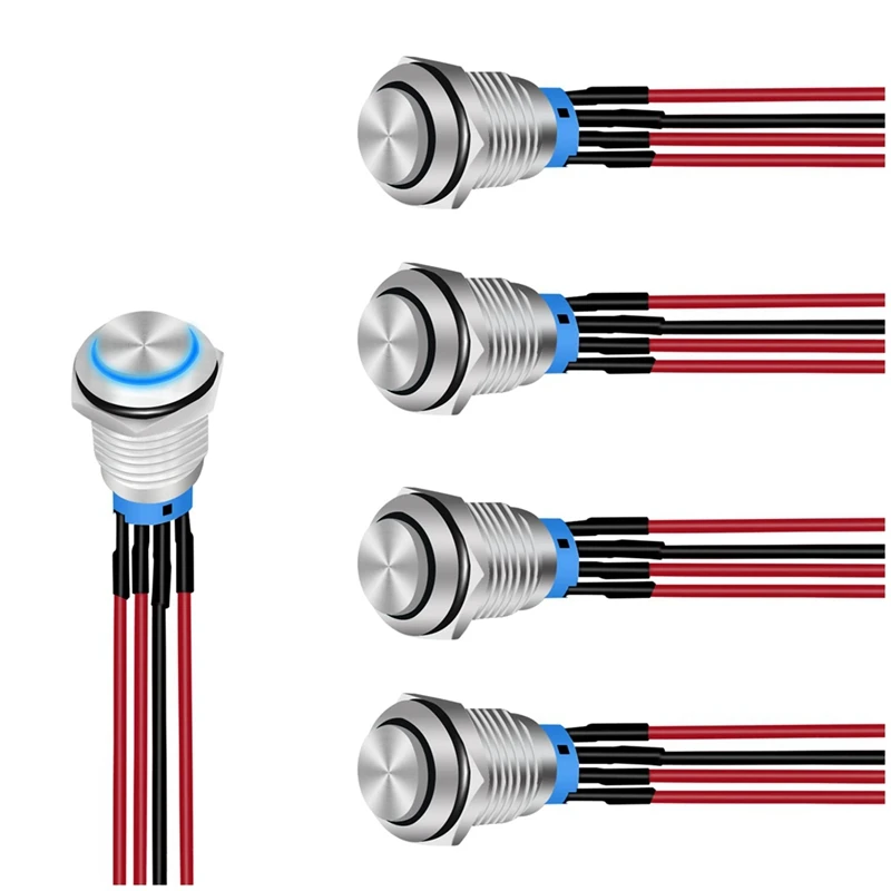 

12mm Push Button Switch 5PCS with Pre Wired Harness 12V 24V Self Locking Latching LED Round Waterproof Metal Switch