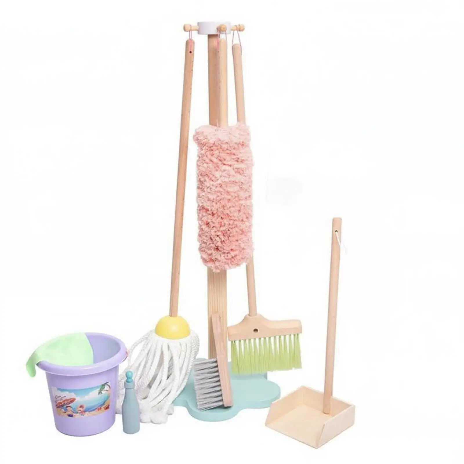 Children Cleaning Cart with Broom Mop Duster Wooden Kids Toys for Educational Play and Fine Motor Development