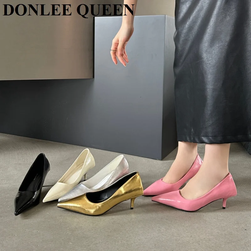 Women Pumps Pointed Toe Dress Shoes Thin Med Heels Elegant Office Party Pumps Fashion Gold Sliver White Shoes For Wedding Mujer