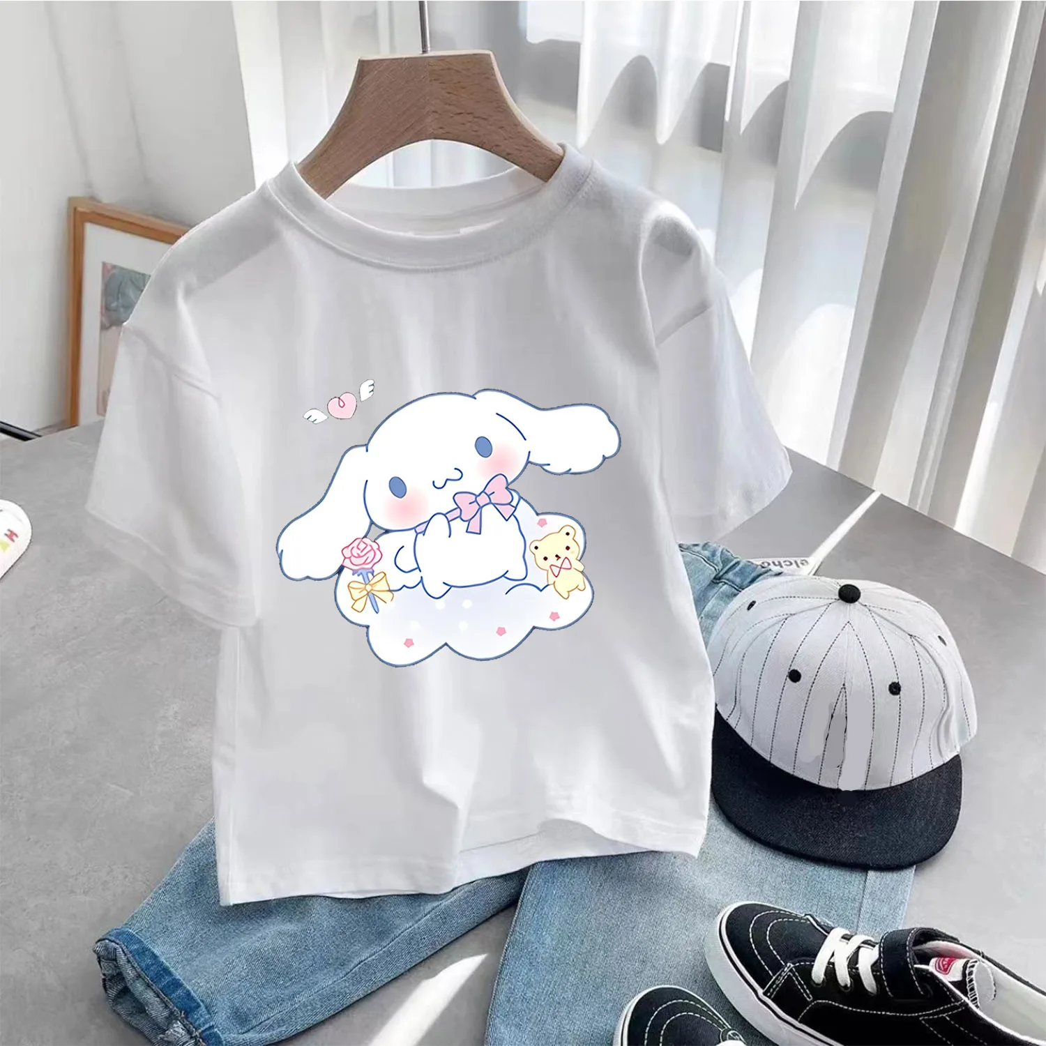 Cinnamoroll T-shirt for Children Cute Sanrio Cartoon Clothes Fashion Anime Print White Clothing Girls Top Kids Summer Tee Gift