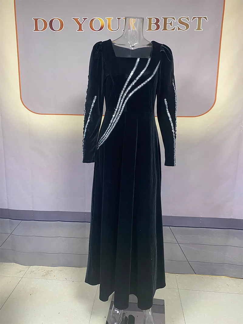 2024 Spring Autumn Dubai Abaya Muslim For Women Elegant Velvet Maxi A Line Dress Kaftan Marocain Ramadan Robe Femme Musulmane