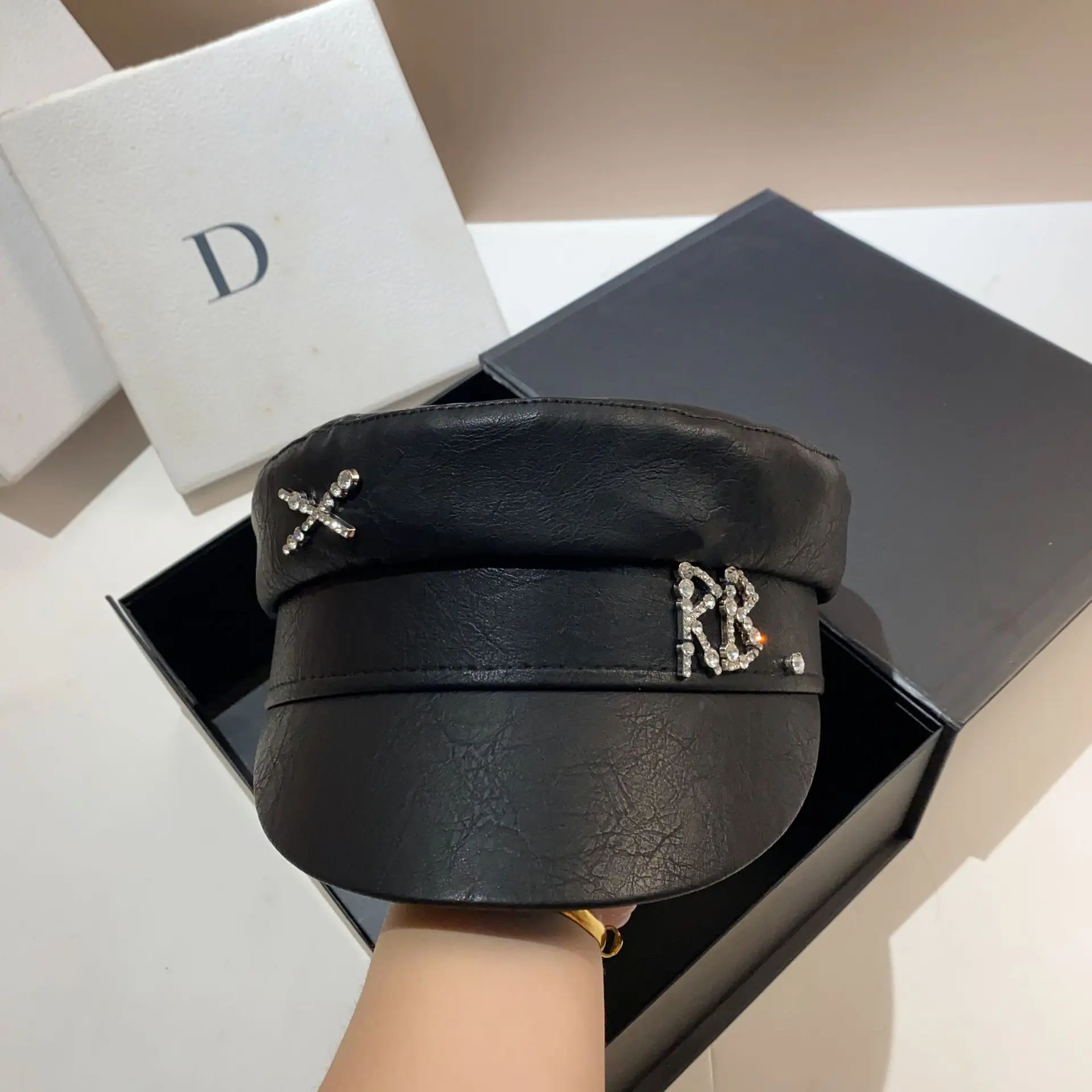 Luxury Rhinestone XRB PU Militray Hat Women Diamond Letter Flat Top Newsboy Caps Solid Color Fashion Streetwear Navy Hat