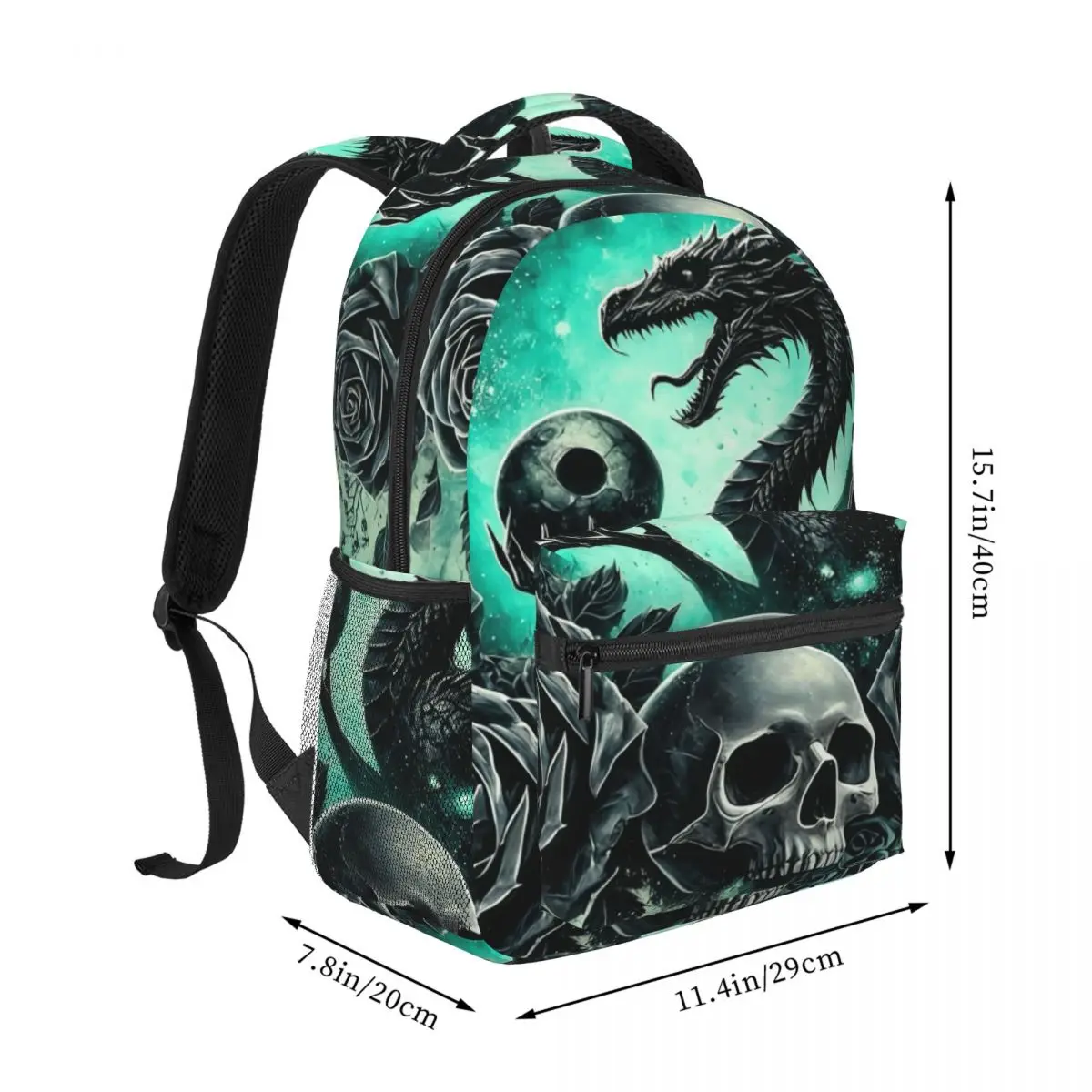 Punk Printed Backpack Center Dragon Skull Black Roses Ravens Dark Gothic Teal Green Black Gray Edgy Daypack for School Work Boys