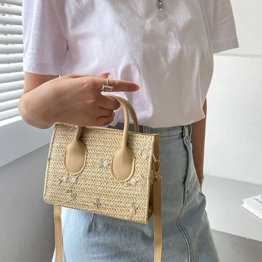 

Lace Flower Women Shoulder Bag Korean Style Portable Straw Weave Square Bag Large Capacity Mini Handbag Ladies Crossbody Bag