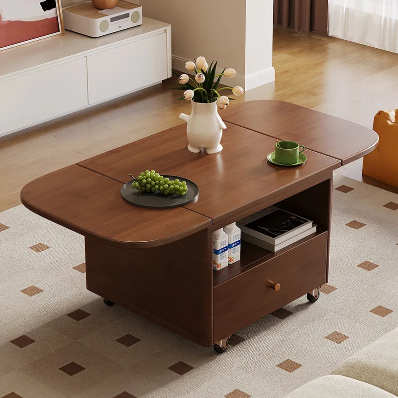 Cream wind solid wood modern simple foldable mobile tea table, Nordic small apartment  tea table trolley