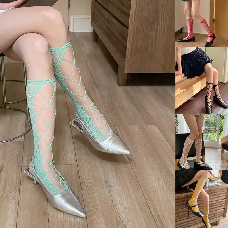 

L5YC Women Summer Wearing Bandage Hollows Fishnet Pantyhose Solid Color Elastic Knee Length Stocking for Parties Wearing