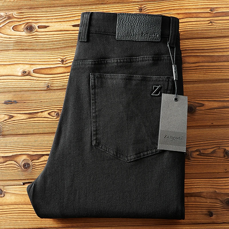 

High Quali Bla Denim Jeans Elastic Thiened Waed Straight Leg Busin Casual Pants for Autumn Winter Softened Cotton ...