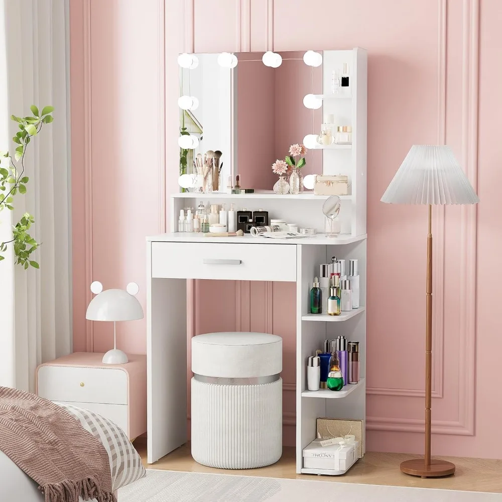 

Makeup Vanity Desk with Mirror and Lights, 26.4”Small Vanity Mirror with Lights with Large Drawer and 6 Level Storage,