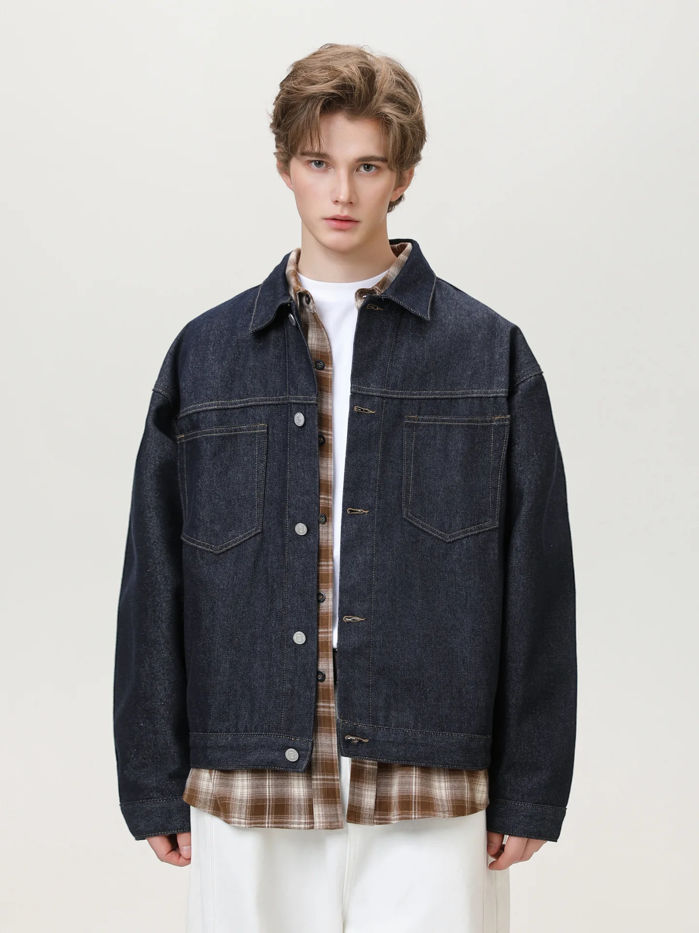 Bright Line Double Pocket Design Original Color Workwear Denim Jacket Men's Textured Loose Lapel Coat