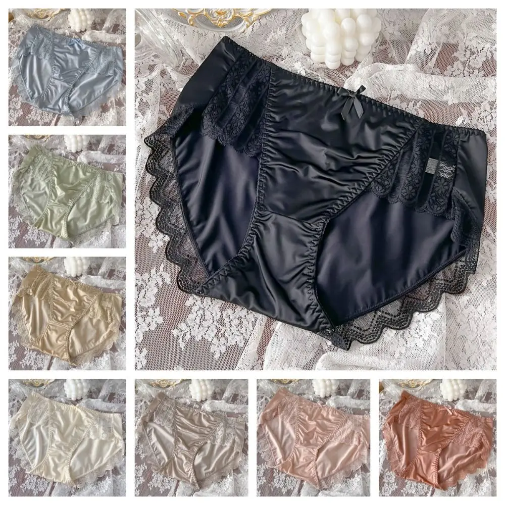 Breathable Lightweight Ice Silk Underwear Soft Smooth Lace Panties Embroidery Satin Sexy Panties Ladies