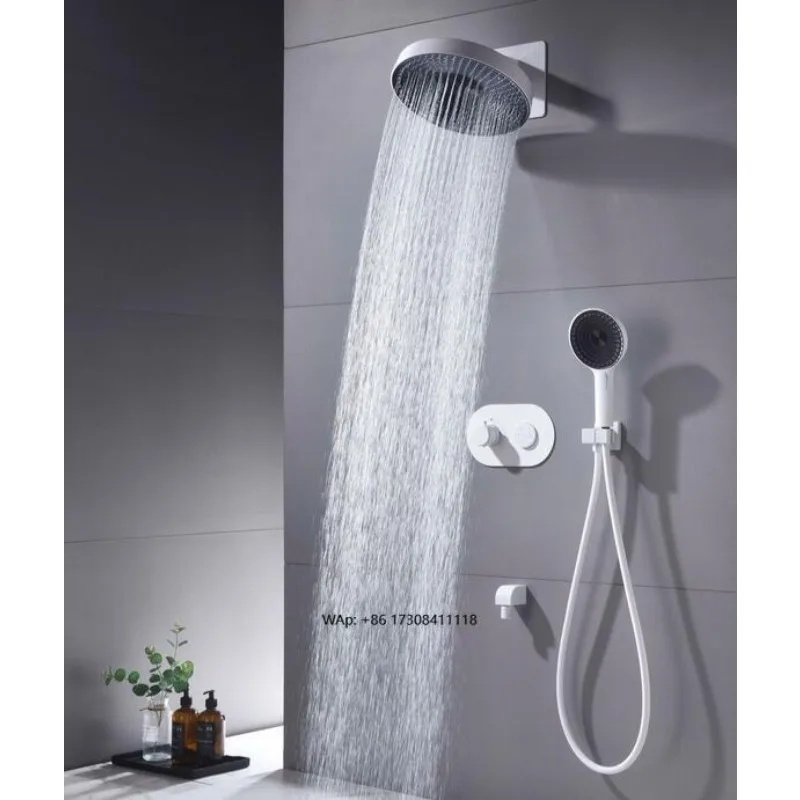 

Круглый белый 3-сторонний латунный термостатический душевой набор Скрытый дизайн душа Настенный душевой набор с изливом для ванны