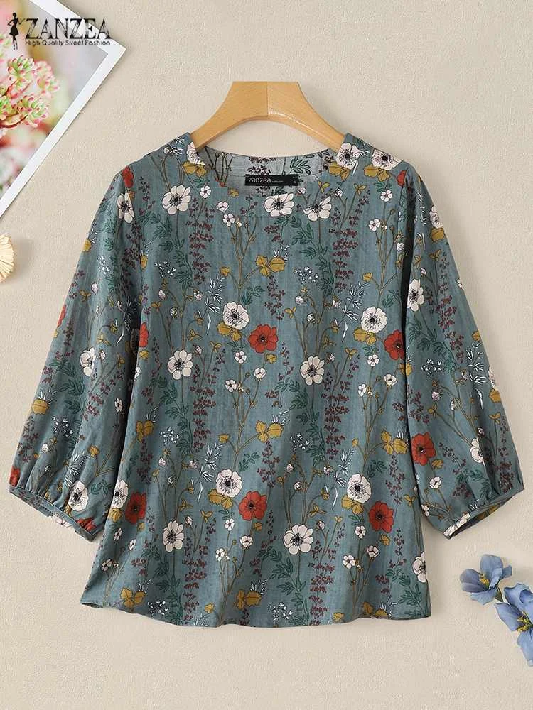 

ZANZEA Summer Fashion Floral Printed Blouse Women Bohemain Shirt Casual O Neck 3/4 Sleeve Tops Elegant Work Blusas Oversize 2024