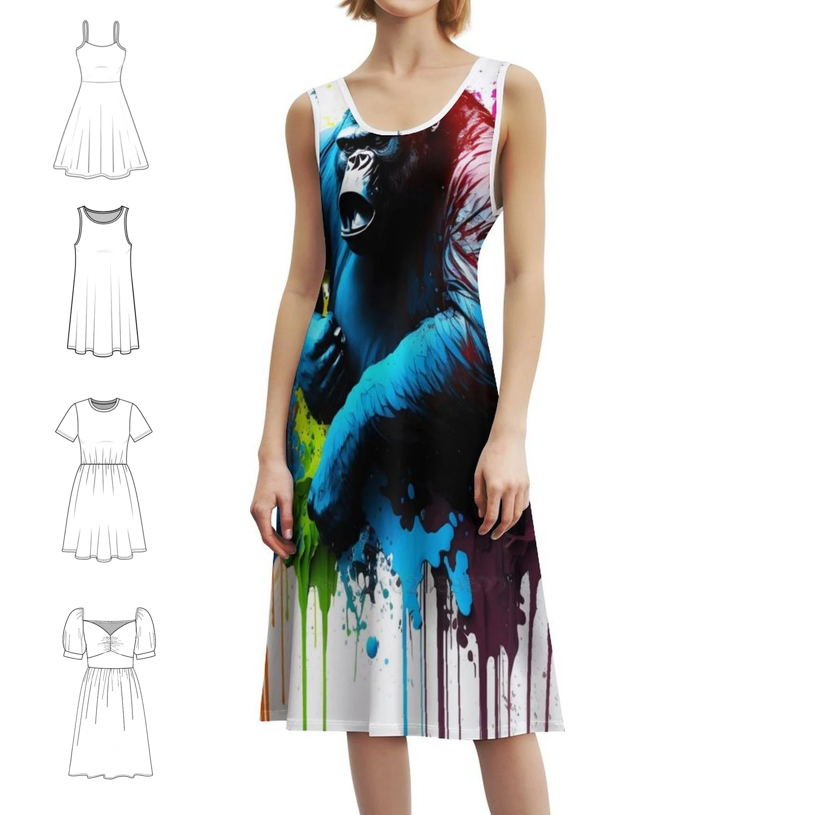 

Граффити с гориллой на стене с брызгами Повседневное платье в корейском стиле для женщин Простые повседневные офисные женские платья Gorilla