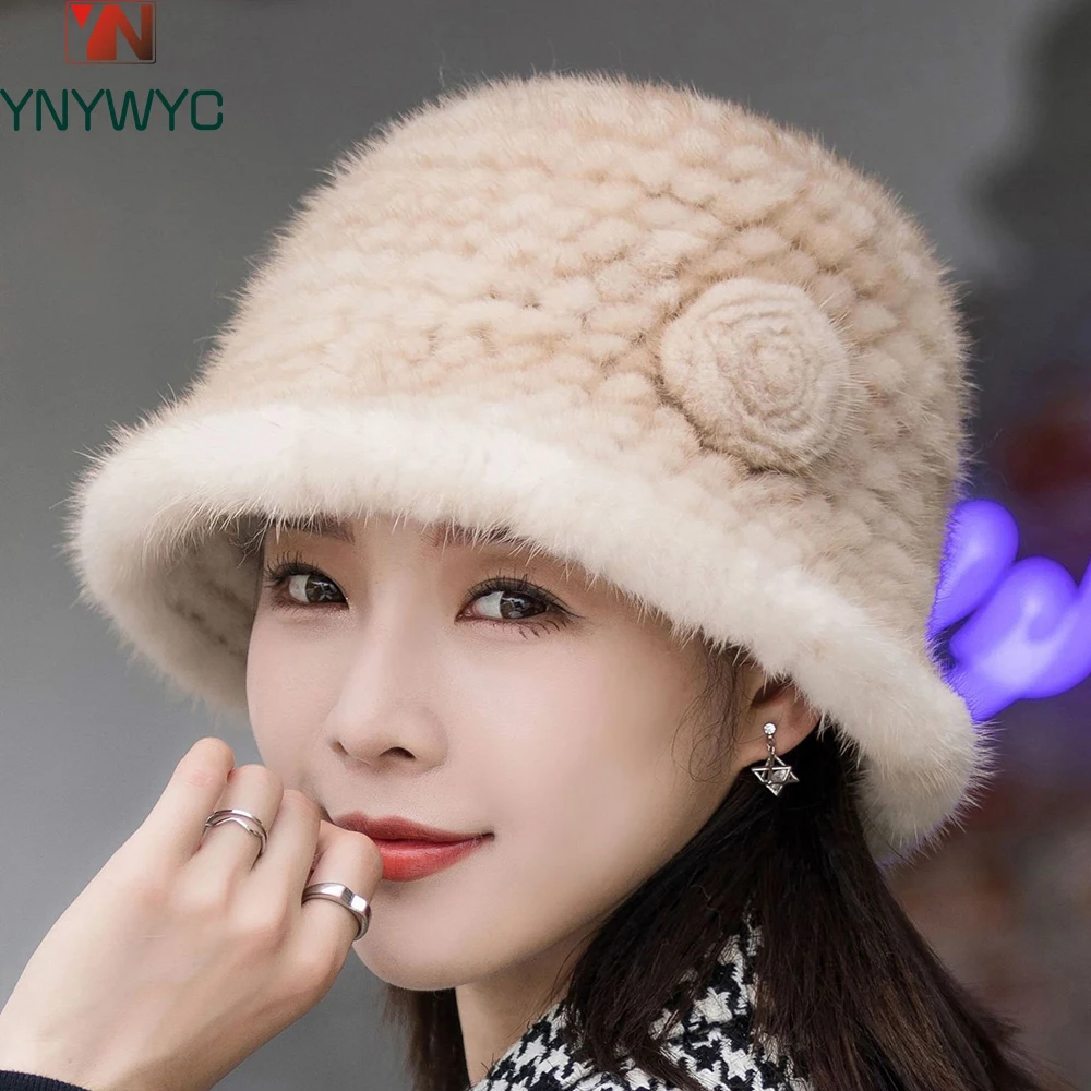 Woman Hat Winter Solid Mink Caps With Flower Natural Mink Fur Hats New Russian Girl Soft Knitting Real Fur Bucket Hats 2024 Warm